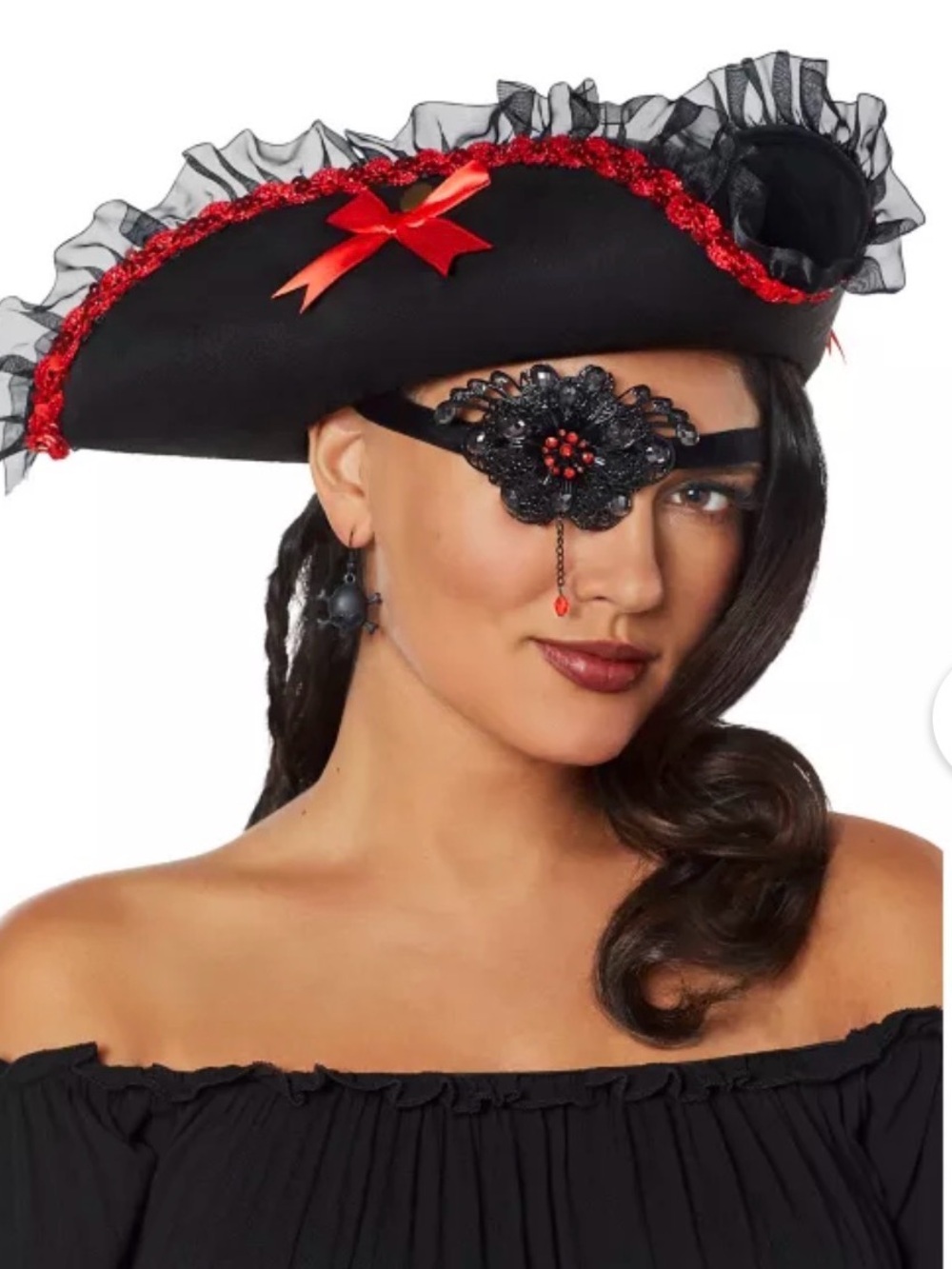 Black and Red Pirate Jeweled Eye Patch - Women Accessories / Costume